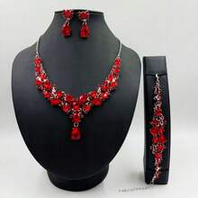 4PC Fashion Bride Fashion Heavy Craft Luxury Banquet Party Daily Elegant Women's Earrings Necklace Bracelet Set Exquisite Jewelry Set - 10-2275大紅 - 查看 1