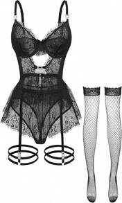 Foxiny Sexy Stocking Underwire Push Up Rhinestones Heart Floral Lace Mesh Sheer Garter Bodysuit Skirt Lingerie Set 3 Piece - ColorA - 查看 1