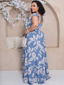 Plus Size Long Dress With Ruffle On The Shoulder - Azul Estam. - View 2
