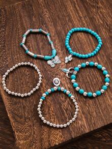 5pcs Bohemian Elastic Handmade Beaded Bracelet Set, Classic Cactus, Cowboy Hat, Butterfly, Bull Head Pendant Fashion Bracelets, Perfect Gift For Party, Festival, Music Event, Unisex
