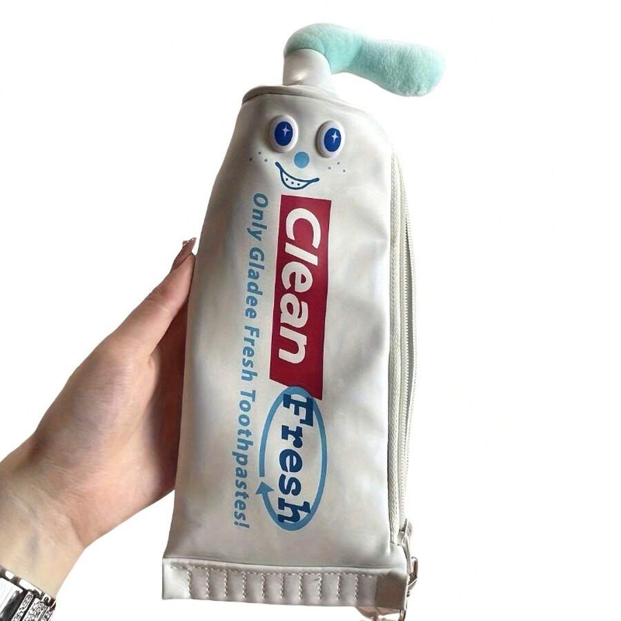 Fun Toothpaste Shaped Makeup Bag With Pencil - Cute Polyester Desktop Organizer, Stationery Lovers