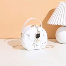 Sac à main pour femme, nouveau sac rond à la mode avec pendentif hibou et bandoulière à chaîne, décoré de broderie  PU