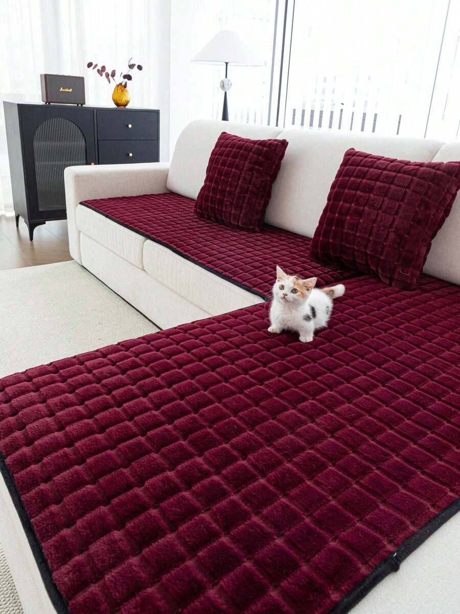 1 chiếc đệm ghế sofa lông nhân tạo cao cấp, vỏ bọc ghế sofa tối giản và mềm mại, phù hợp với mọi mùa, chống bụi và trầy xước để bảo vệ ghế sofa, thích hợp cho phòng khách, phòng ngủ, phòng làm việc - Đỏ - Xem 1