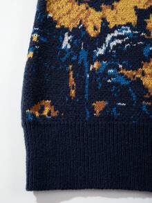 Men's Casual Loose Vintage Knit Sweater With Van Gogh Sunflower & Starry Sky Painting Inspired Pattern, Retro Style, Long Sleeve Crew Neck, Suitable For Autumn And Winter - Màu xanh hải quân - Xem 7