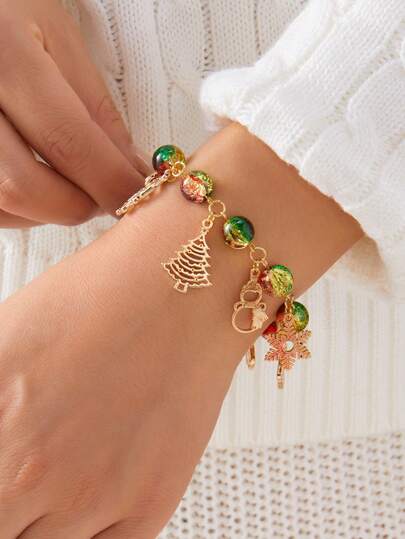 1pc Fashionable Cartoon Christmas Tree, Snowflake, Pentagram Pendant Bracelet, Christmas Vibe, Suitable For Christmas Party, Gathering, Decoration, Great Christmas Gift For Family, Wife, Sister, Friends