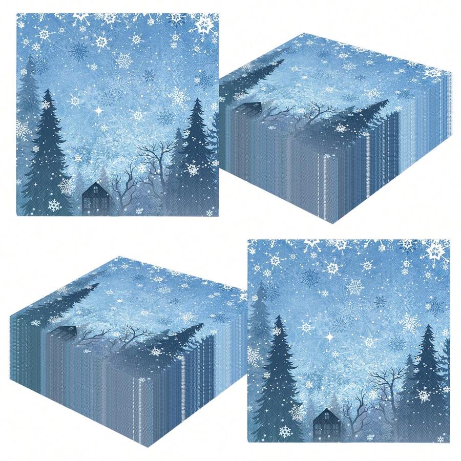 Serviettes d'invités de Noël Flocons de neige bleus Serviettes en papier jetables Serviettes décoratives de table pour le dîner Fournitures pour fête de Noël Décorations de table pour cuisine, salle de bain et hiver