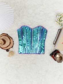 狂欢朋克金属全息激光灯索环孔眼系带露背有骨紧身胸衣塑身衣短款俱乐部服装抹胸前卫性感派对音乐节 - 彩色 - 查看 4