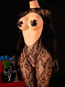 Women's Sexy High Collar Leopard Print Lace Jumpsuit, Front Open Long Sleeve Sheer Mesh Lingerie