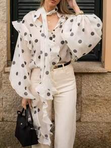 2026新款法式波点蝴蝶结领灯笼袖宽松荷叶边长袖雪纺衬衫，春秋新款女士休闲衬衫，复古风女士衬衫，简约职场女士衬衫，设计感十足的女士外套上衣，法式优雅 - 杏色 - 查看 5