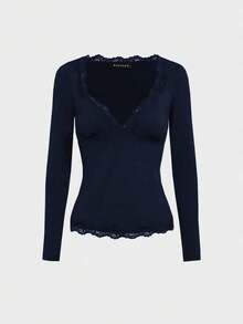 黑色蕾丝边 V 领修身吊带背心长袖上衣 - 藏蓝色 - 查看 2