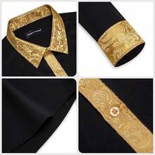 Mens Satin Silk Shirts Long Sleeve Designer Dress Shirt Shiny Untucked Casual Button Down Shirt Party Disco Formalhalloween - 黑色和閃亮的金色 - 查看 7