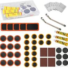 全套53个高品质自行车轮胎修补套件：配备多种工具，包括耐用硫化补片和金属磨料盘，可快速修复爆胎问题，适用于所有自行车，包括摩托车、BMX、山地车、公路车（图案随机）