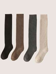 1/2/3/4 双装女士纯色过膝袜，保暖内衬，百搭 JK 风，秋冬季时尚必备单品，舒适袜子 - 彩色 - 查看 15