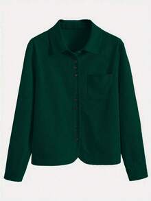 女士灯芯绒纽扣衬衫宽松休闲长袖时尚开衫外套 2025 秋季超大款衬衫上衣带口袋春季 - 墨綠色 - 查看 3