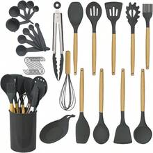 33 Piezas Juego de Utensilios de Cocina Antiadherentes, con Silicona Resistente Al Calor sin BPA, Utensilios De Silicona Para Cocinar Para Cocinas Integrales, Caqui, Gris - Gris - Ver 2