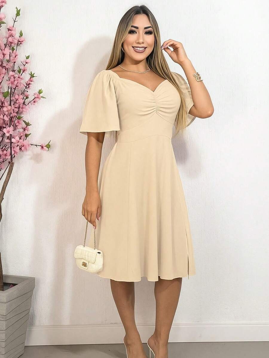Elegance Midi Dress With Ruched Neckline And Flare Sleeves - 米色 - 查看 1