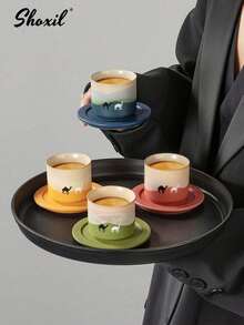 shoxil 1 件骆驼图案陶瓷茶杯盘套装，咖啡杯盘套装，茶杯套装，渐变咖啡杯，80毫升浓缩咖啡杯。适用于下午茶、家庭聚会、卧室、客厅、书房、咖啡厅 - Cup - 查看 7