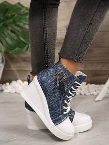 女士帆布鞋，女士休闲厚底帆布鞋，黑色前系带高跟帆布鞋，时尚街头风帆布鞋