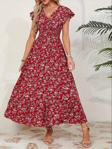Women's A-Line Summer Dress, Ruffled Sleeves, V-Neck, Floral Print, Elastic Waist - 紅色 - 查看 4
