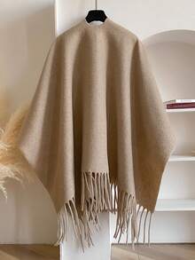 1 件简约优质纯色羊毛混纺长流苏披肩，女士时尚装饰斗篷围巾披肩，秋冬保暖外套，适合日常穿着 - 卡其色 - 查看 2
