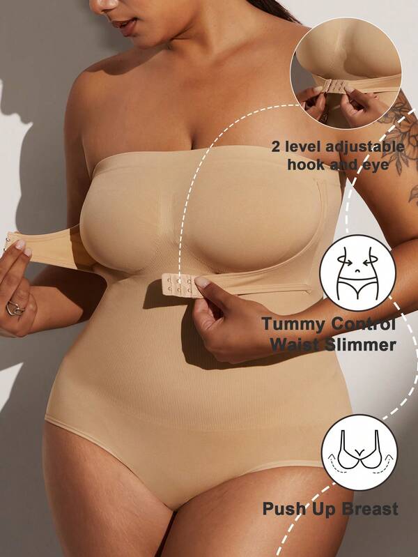 1pc Plus Size Women's Strapless Seamless Shaping Bodysuit With Removable Straps, Bust/Waist/Hip Sculpting, Black, Summer