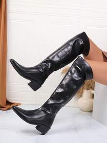 女士过膝靴，柔软尖头粗跟高筒靴，舒适宽筒过膝靴，褶饰靴，皮革宽筒过膝时尚靴 - 黑色 - 查看 2