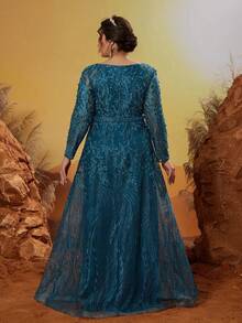 Anpoket New Arrival Round Neck Embroidery Contrast Lace Hot Fix Nailed Bead Long Sleeve Evening Dress - Teal Blue - View 2