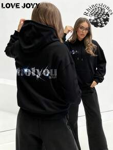 Sudadera de mujer LOVE JOYY con decoración de diamantes de imitación con la frase "Not You", adecuada para volver al colegio, temporada de graduación, otoño/invierno - Negro - Ver 5