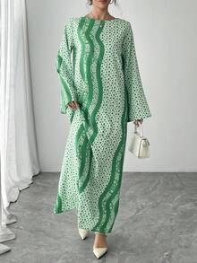 1 件女士绿色波尔卡圆点和线条印花圆领喇叭袖直筒休闲长袖连衣裙，优雅的阿拉伯风格长裙，奢华适合节日、派对、宴会 - 綠色 - 查看 9