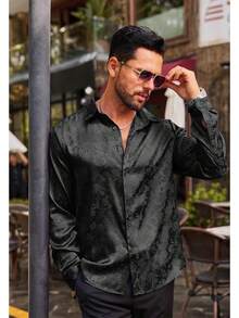 Mens Satin Dress Shirts Long Sleeve Silk Shirt Shiny Luxury Button Up Floral Shirt Party Prom Wedding Shirtshalloween - 黑色 - 查看 3