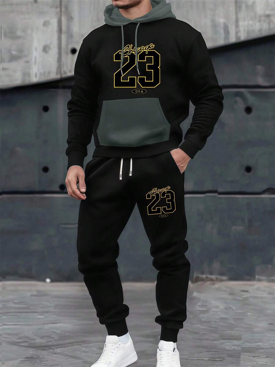 Set di felpa con cappuccio e pantaloni da uomo per primavera/autunno, con stampa di lettere e numeri e colori a contrasto, moda casual da uomo con tasche, pantaloni con vita regolabile, adatto come regalo per marito o fidanzato