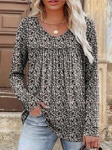 大码女式碎花休闲长袖T恤，春秋季度假款 - 彩色 - 查看 3