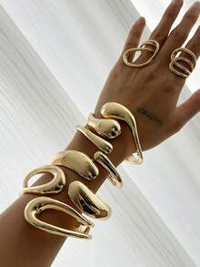 1pc/3pcs Retro Elegant Hip Hop Punk Style Women Futuristic Metallic Smooth Bracelet Includes Geometric Teardrop Cuff Bangle, Suitable For Women's Daily And Party Wear, Stackable, Perfect Gift - Gold - View 4
