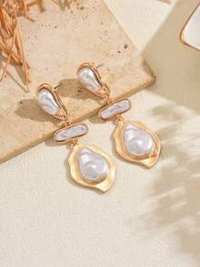1 Pair Asymmetrical Geometric Faux Pearl Pendant Earrings, Elegant & Versatile For Women, Daily Wear & Gatherings, Jewelry Gift - Yellow Gold - View 5