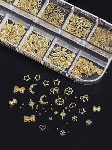1 Box funkelnde goldene Stern Schleifen, Cut Out herzförmige Nieten Nail Art Accessoires, 3D Schneeflocke Stern Blume Mond Legierung Metall Nagel Zubehör, Maniküre Dekorationen, Nail Art Schmuck, Edelsteine