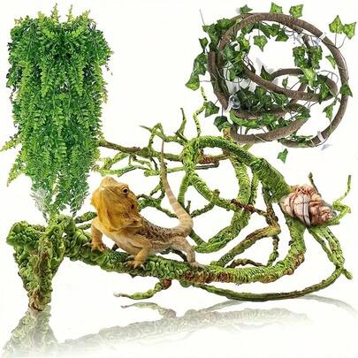 Flexible Jungle Climbing Vines, Suitable For Reptile Habitats - Realistic Plastic Plant Decor With Hanging Loops, For Geckos, Lizards, Bearded Dragons, Hermit Crabs And Frogs - Bendable, High-Quality And Natural-Looking Glass Container Accessory, Enhances Amphibian Habitats | Green Appearance | Realistic Green Leaves