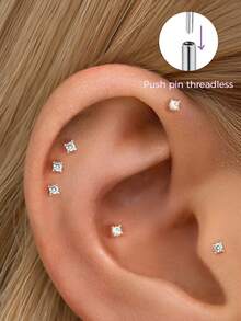 1piece 18G Tiny Gold CZ Push Pins, Hypoallergenic 925 Sterling Silver Star Stud Earring - Cartilage Piercing Fine Jewelry - Stud Earring - Tragus Stud - Conch Earrings - Cartilage Helix Stud - Flat Back Labret Stud - Nose Stud - Perfect For Women's Daily Wear/Wedding Parties/Engagement/Anniversaries/Valentine's Day Gifts(Sold As 1 Piece) - Single Diamond Four-claw Pin Earrings - View 1