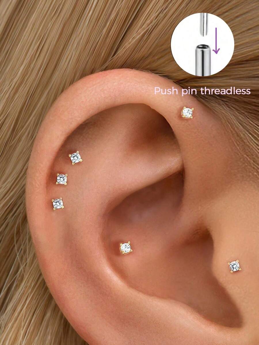 1piece 18G Tiny Gold CZ Push Pins, Hypoallergenic 925 Sterling Silver Star Stud Earring - Cartilage Piercing Fine Jewelry - Stud Earring - Tragus Stud - Conch Earrings - Cartilage Helix Stud - Flat Back Labret Stud - Nose Stud - Perfect For Women's Daily Wear/Wedding Parties/Engagement/Anniversaries/Valentine's Day Gifts(Sold As 1 Piece) - Single Diamond Four-claw Pin Earrings - View 1