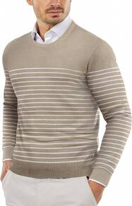 Men's Crew Neck Sweater Slim Fit Lightweight Sweatshirts Knitted Pullover For Casual Or Dressy Wear - 細條紋白色和卡其色 - 查看 9