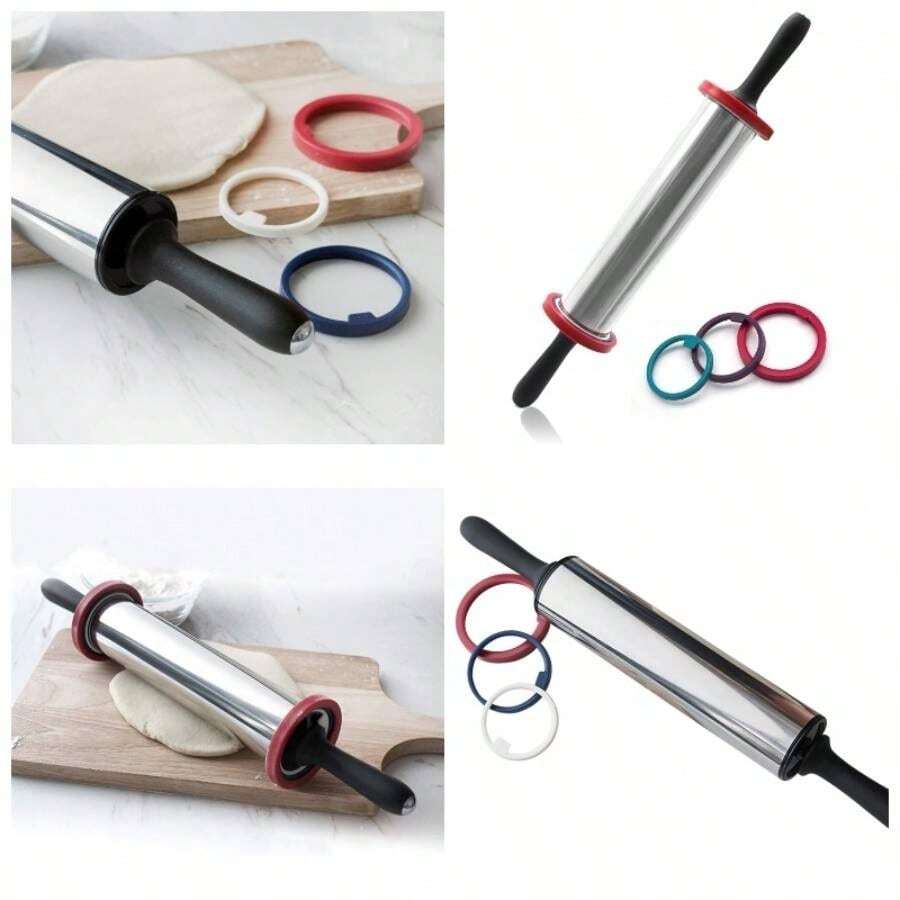 Temkpay Rodillo antiadherente de acero inoxidable de 11 pulgadas, 3 secciones, palitos de harina gruesos ajustables, rodillos para Pizza - Multicolor - Ver 1