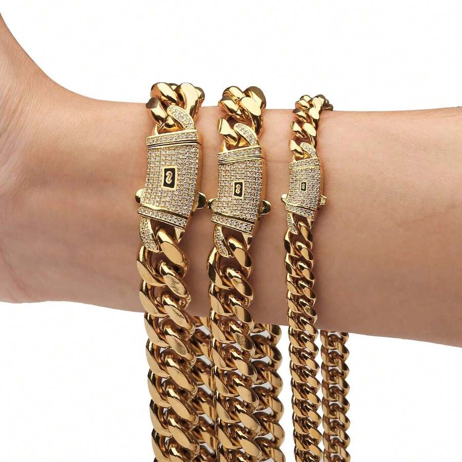 Stainless Steel Cuban Bracelet Or Necklace Men Hip Hop 18K Gold Miami Curb Cuban Link Chain With Spring CZ Clasp - Golden - 查看 1