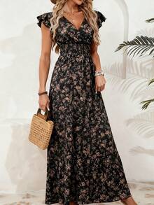 Women's A-Line Summer Dress, Ruffled Sleeves, V-Neck, Floral Print, Elastic Waist - 黑色 - 查看 4