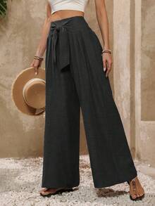 Women's Casual High Waist Wide Leg Pants, Solid Color, Soft Fabric, Elastic Waistband - màu đen - Xem 4