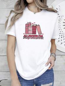 180g pure Cotton All Booked For Valentines Sweatshirt, Book and Coffee Sweater, Valentine Gift for Book Lover, Gift For Teachers, Librarian Teacher Bookish Breathable Versatile Comfortable Print Round Neck Short Sleeve Stylish Casual Summer Women Top Graphic Tees - Blanco - Ver 1