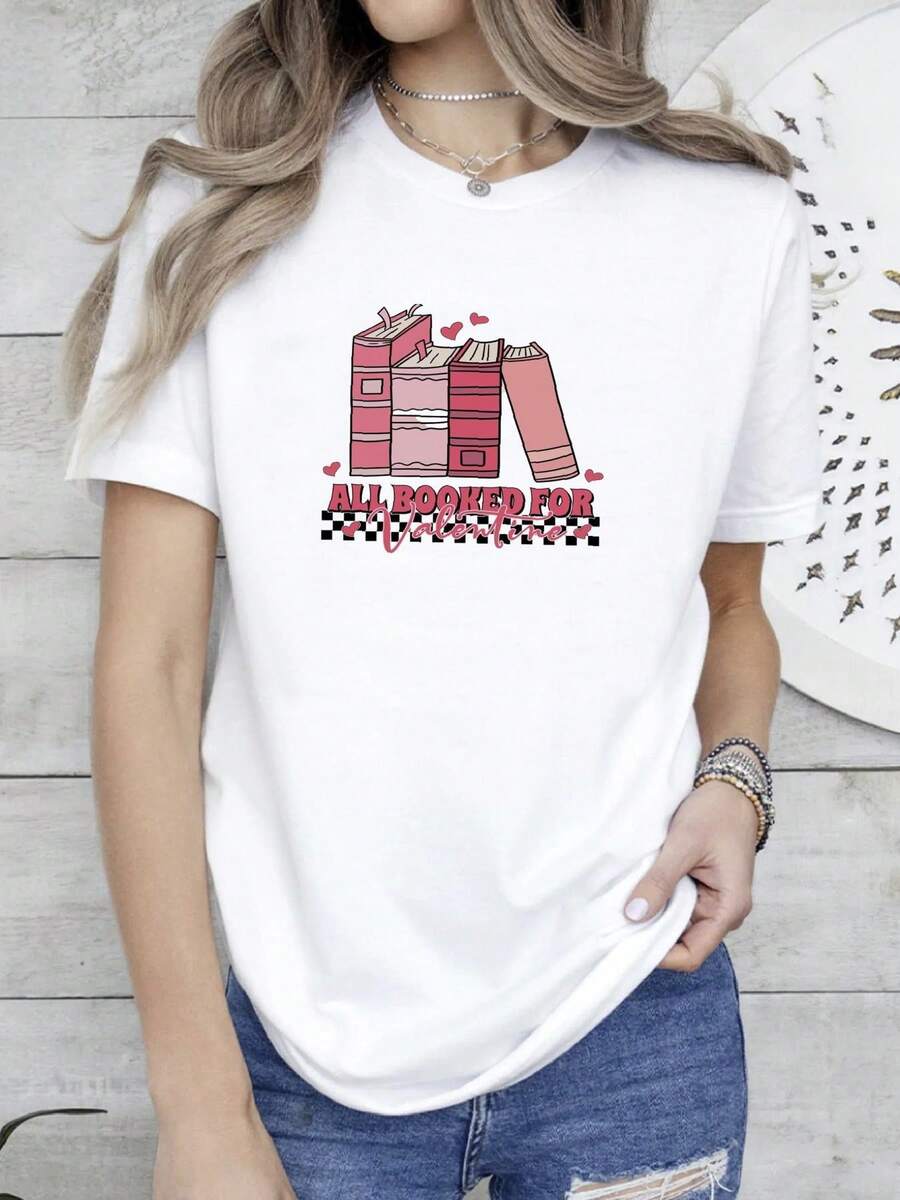 180g pure Cotton All Booked For Valentines Sweatshirt, Book and Coffee Sweater, Valentine Gift for Book Lover, Gift For Teachers, Librarian Teacher Bookish Breathable Versatile Comfortable Print Round Neck Short Sleeve Stylish Casual Summer Women Top Graphic Tees - Blanco - Ver 1