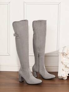 Autumn/Winter High Chunky Heel Square Toe Casual/Wedding Sexy Versatile Suede Over-The-Knee Boots, Grey (Wide Calf Elastic Over-The-Knee Boots) (For Slim Calves, Recommend Ordering 1 Size Smaller; For Thick Calves, Recommend Ordering True To Size. Please Refer To The Foot Length, Palm Circumference And Other Parameters Before Purchasing) - Xám - Xem 6