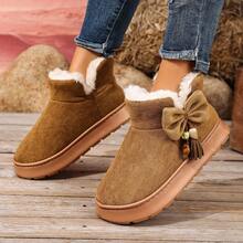 女士厚底防滑秋冬新款个性流苏蝴蝶结装饰一脚蹬保暖羊毛边短靴雪地靴 - 棕色 - 查看 8