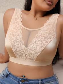 EMUPER 1件装加大码蕾丝边性感加大码女士无钢圈文胸 - 杏色 - 查看 4