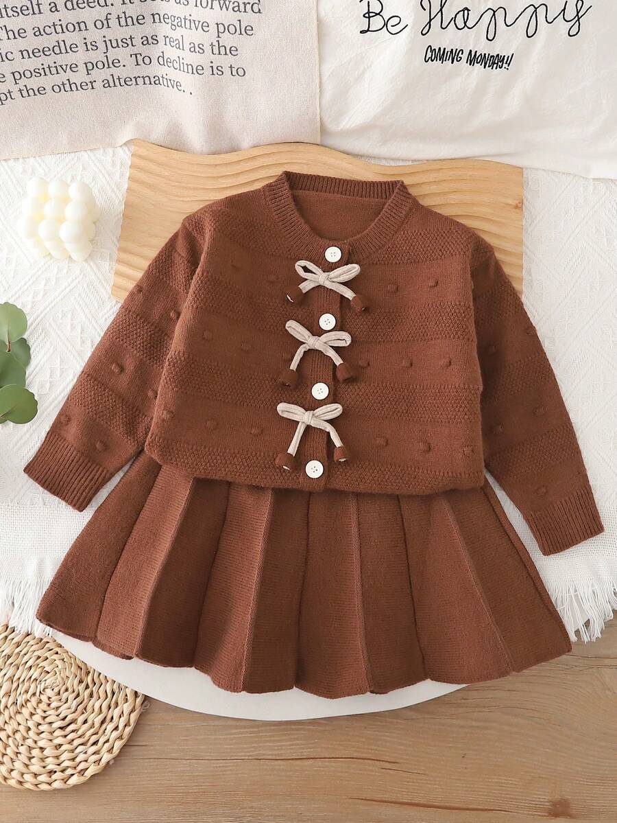 2 件女童可爱服装时尚蝴蝶结设计开衫和裙子套装,优雅针织毛衣套装,秋冬 - 紫紅色 - 查看 1