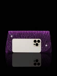 闪亮水钻翻盖晚宴包派对包，优雅时尚的褶皱手拿包舞会包，配有闪亮水钻首饰三件套，适合派对、晚宴、聚会、舞会、婚礼。 - 紫色 - 查看 7